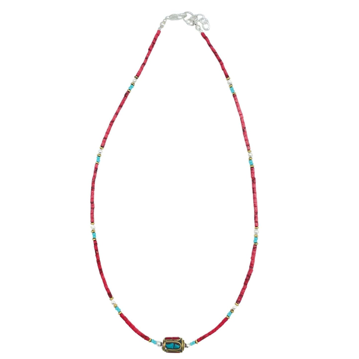Collier Flamme du Tibet – Corail Rouge & Perle Tribale