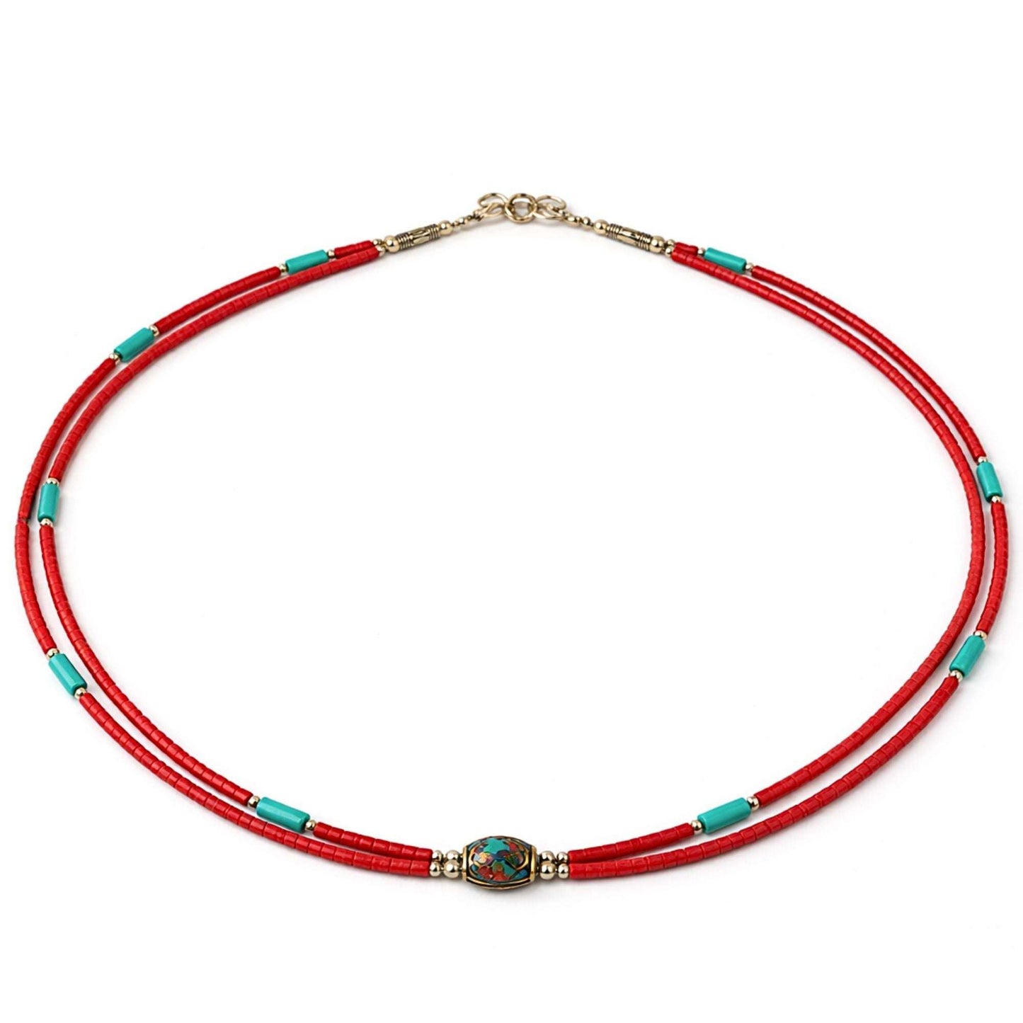 Collier Double Rang Souffle de Katmandou – Turquoise & Corail en Acier Inoxydable