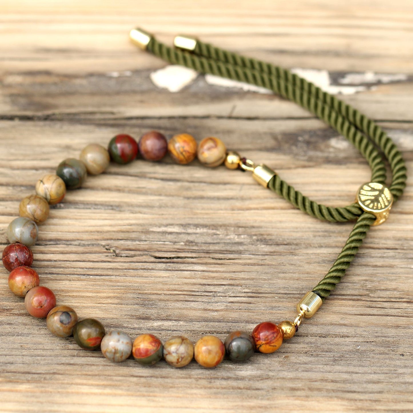Le Bracelet Exploration Sauvage Jaspe Multicolor & Cordon Vert Olive