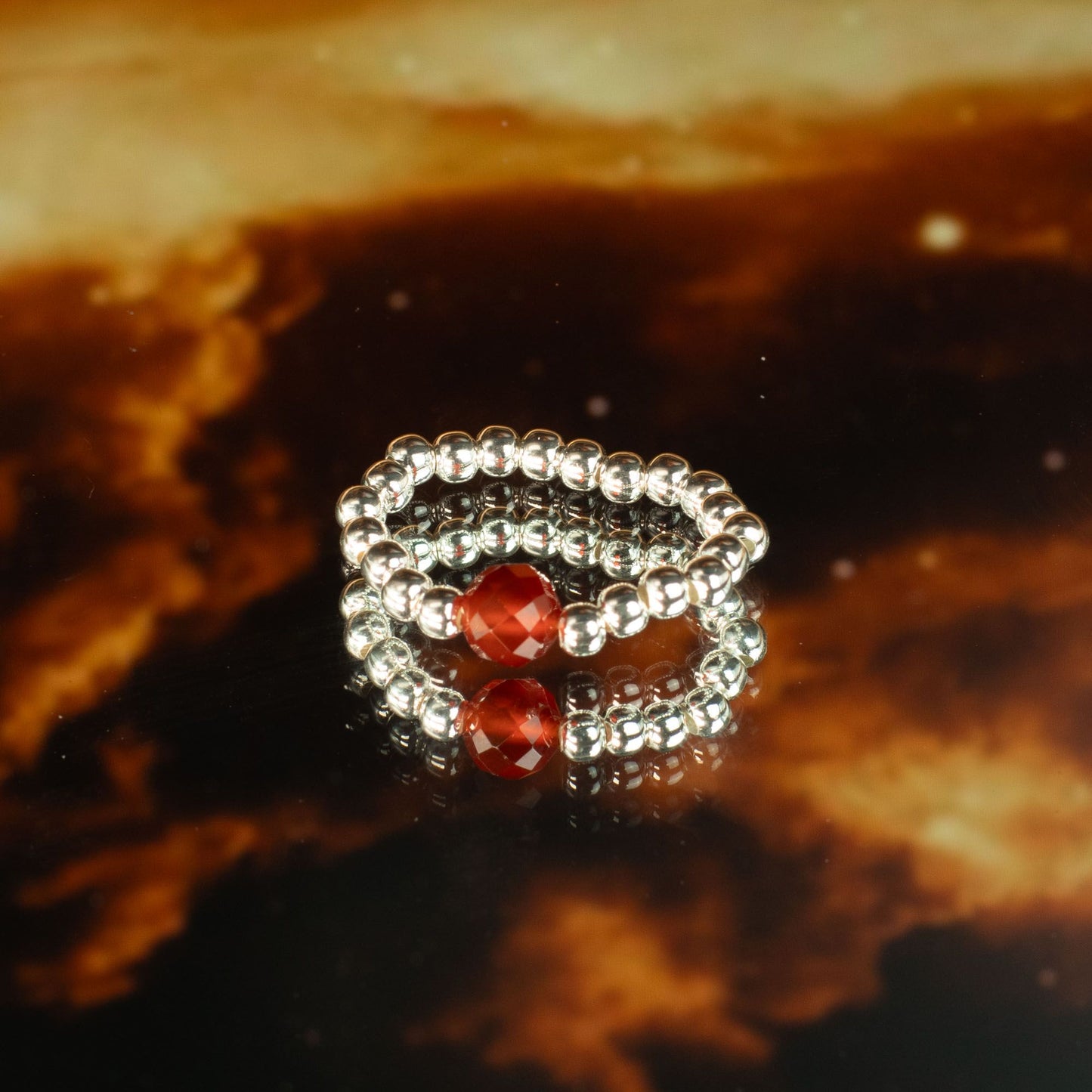 Trio de Bagues Luna de Sangre Agate Rouge, Pierre de Lune & Perles Argentées
