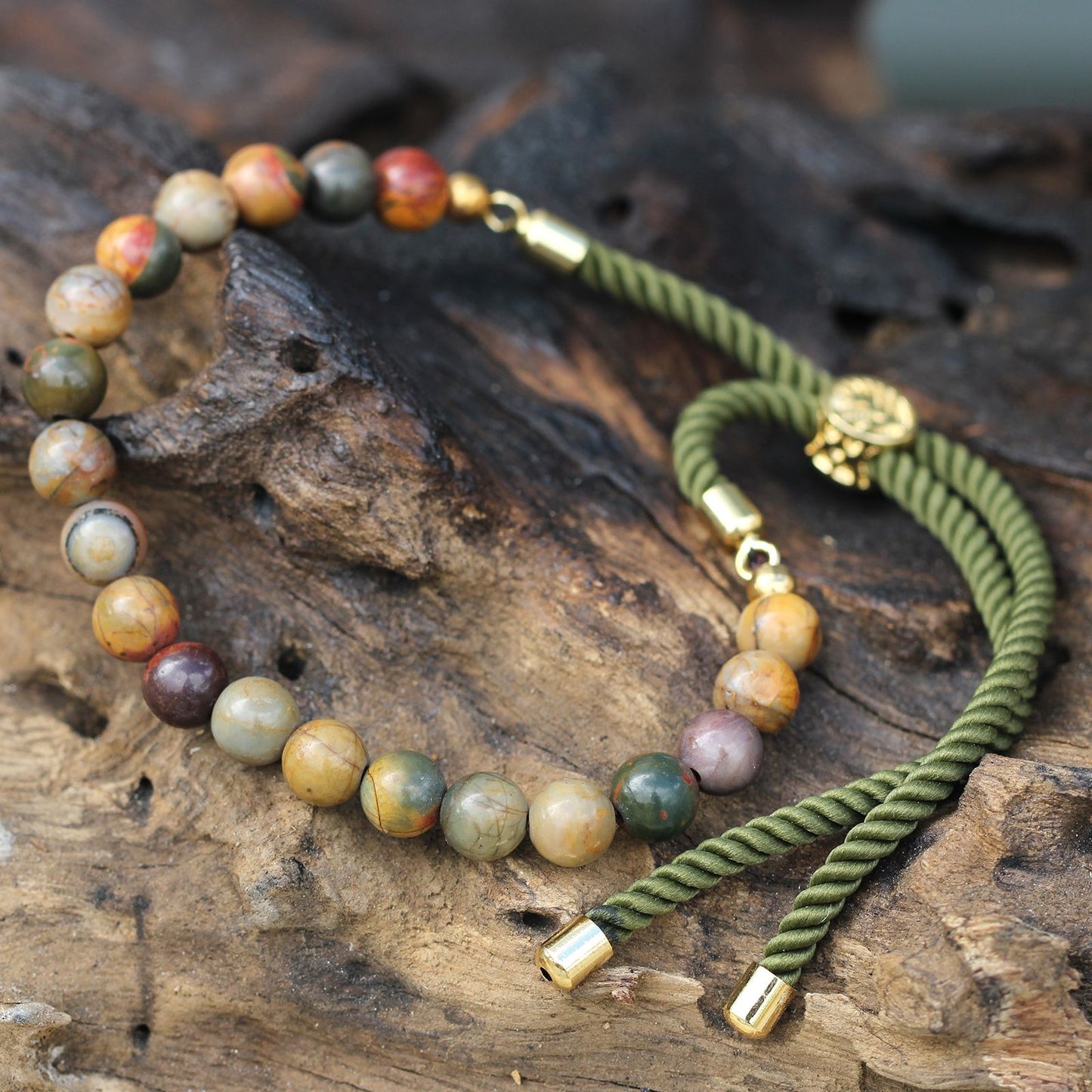Le Bracelet Exploration Sauvage Jaspe Multicolor & Cordon Vert Olive