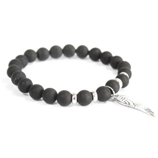 Le Bracelet Envol Céleste - Agate Noire Mate & Aile de Guidance