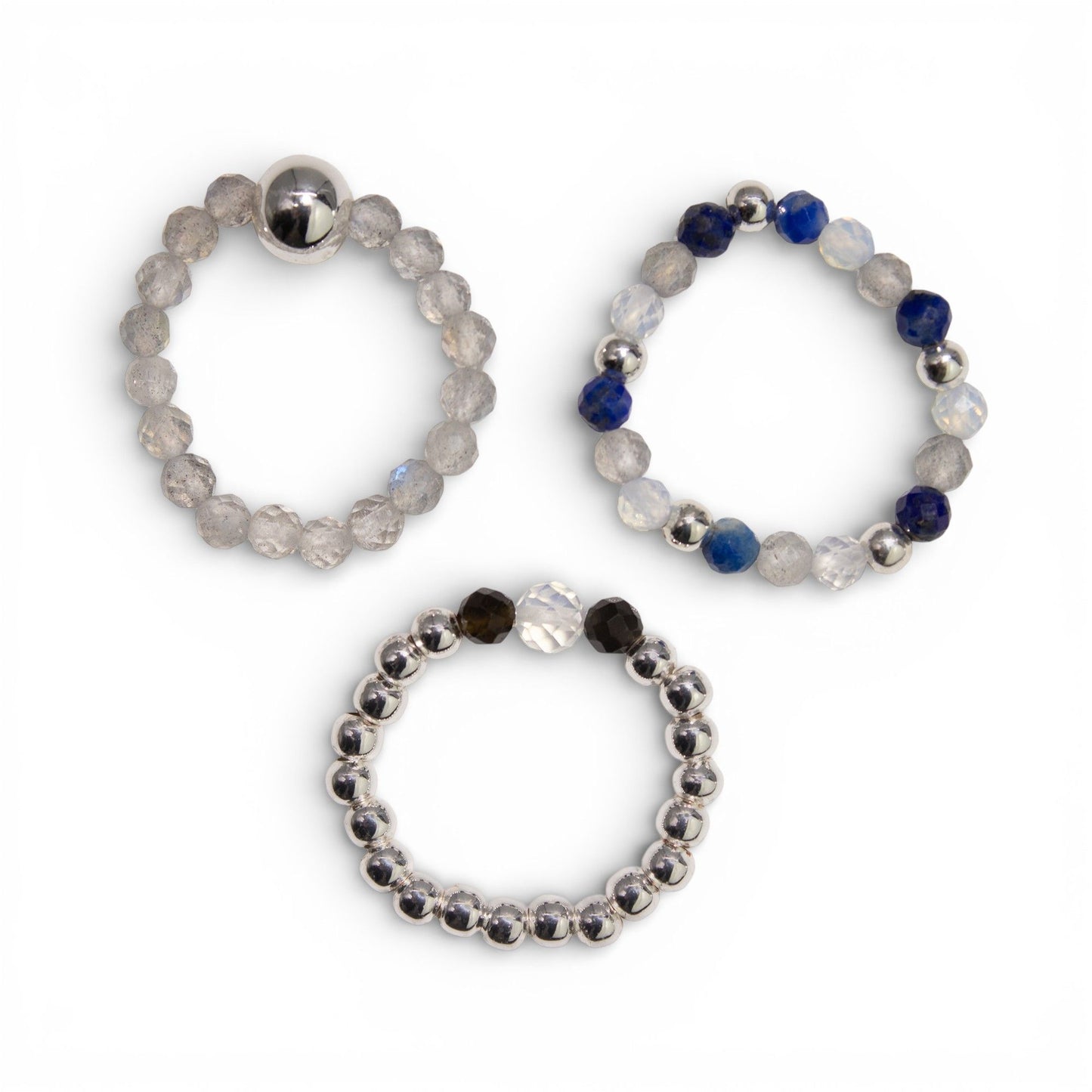 Trio de Bagues Auroras Boreales Labradorite, Lapis-Lazuli & Éclats Polaires