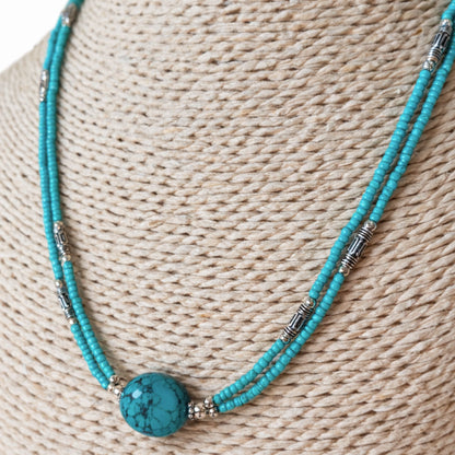 Collier Double Rang Océan Sacré – Turquoise Tibétaine & Acier Inoxydable