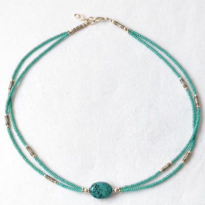 Collier Double Rang Océan Sacré – Turquoise Tibétaine & Acier Inoxydable