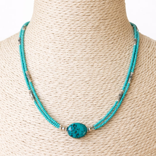 Collier Double Rang Océan Sacré – Turquoise Tibétaine & Acier Inoxydable