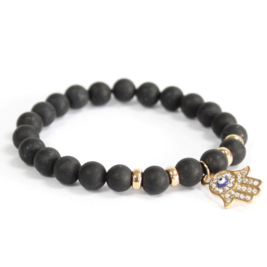 Le Bracelet Main d'Orient - Agate Noire Mate & Talisman Hamsa