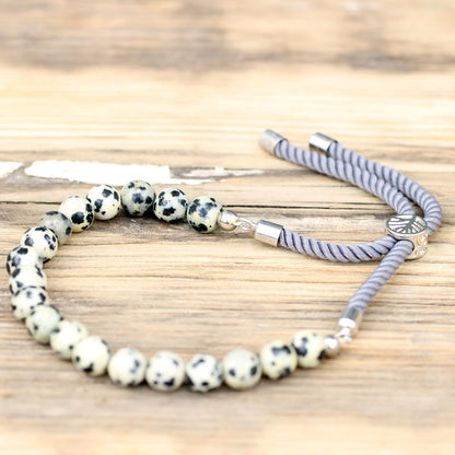 Le Bracelet Équilibre Joueur Jaspe Dalmate & Cordon Gris Perle