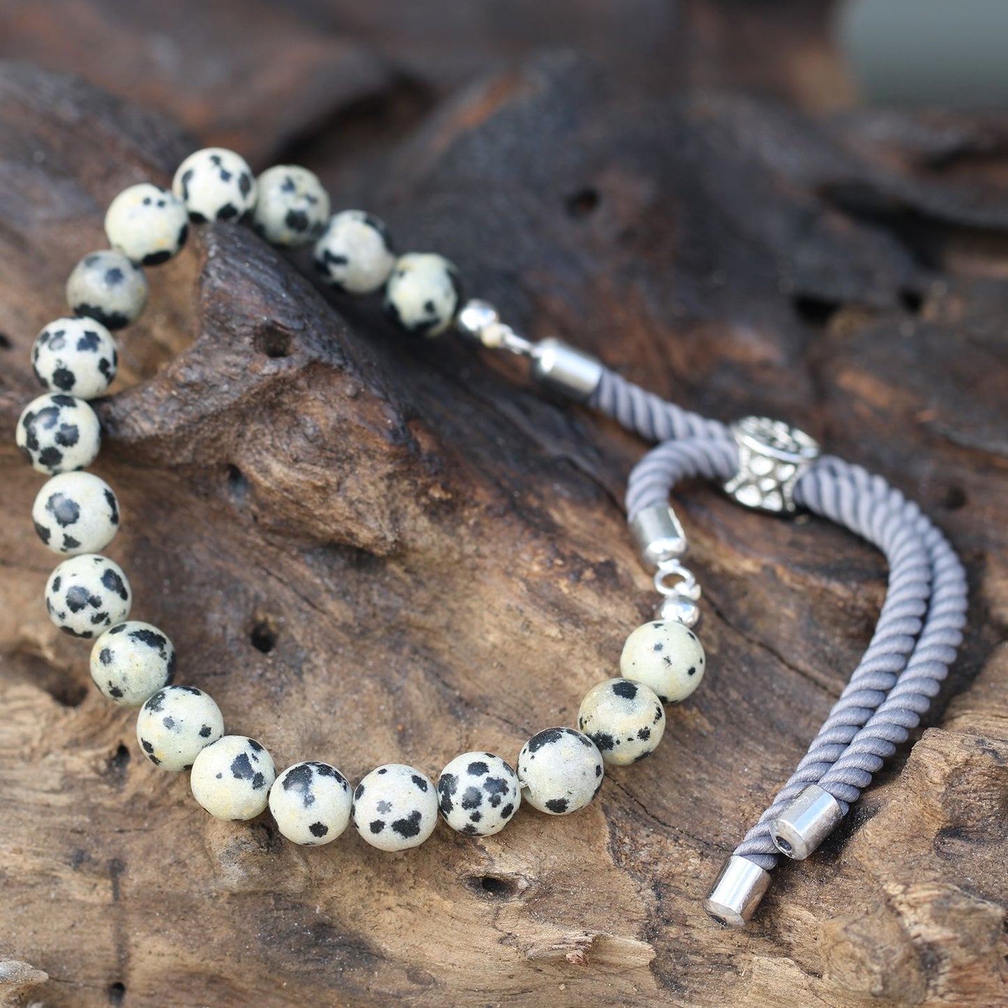 Le Bracelet Équilibre Joueur Jaspe Dalmate & Cordon Gris Perle