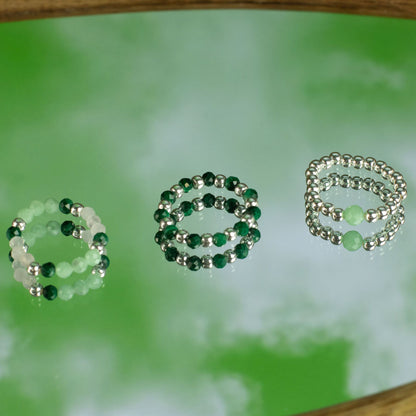 Trio de Bagues Esprit du Bosquet Malachite, Aventurine & Quartz Rose