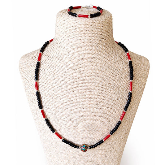 Parure Sacrée Mandala d'Onyx – Collier & Bracelet en Corail et Laiton Doré