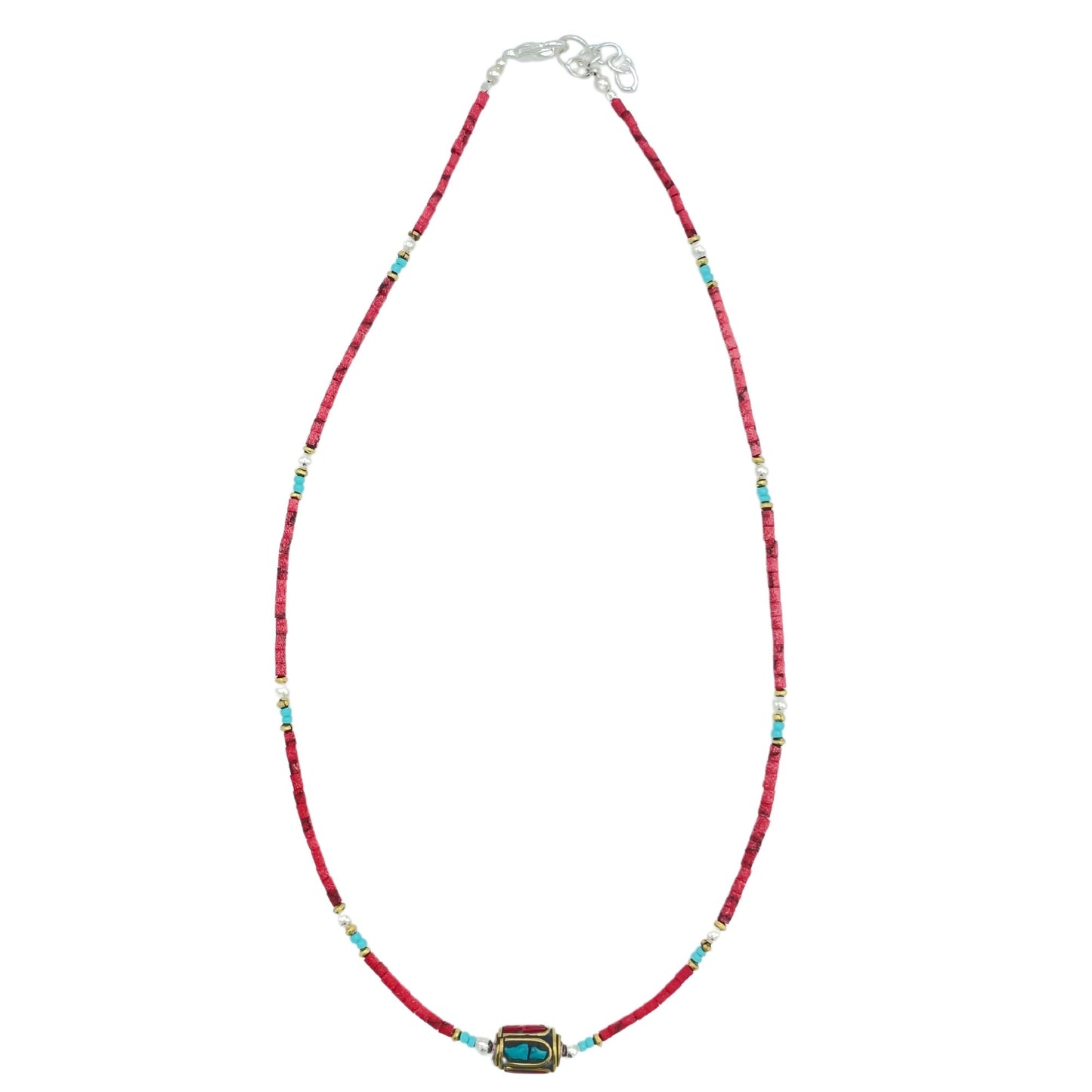 Collier Flamme du Tibet – Corail Rouge & Perle Tribale