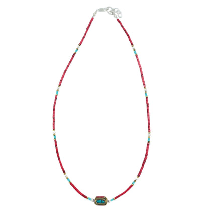 Collier Flamme du Tibet – Corail Rouge & Perle Tribale