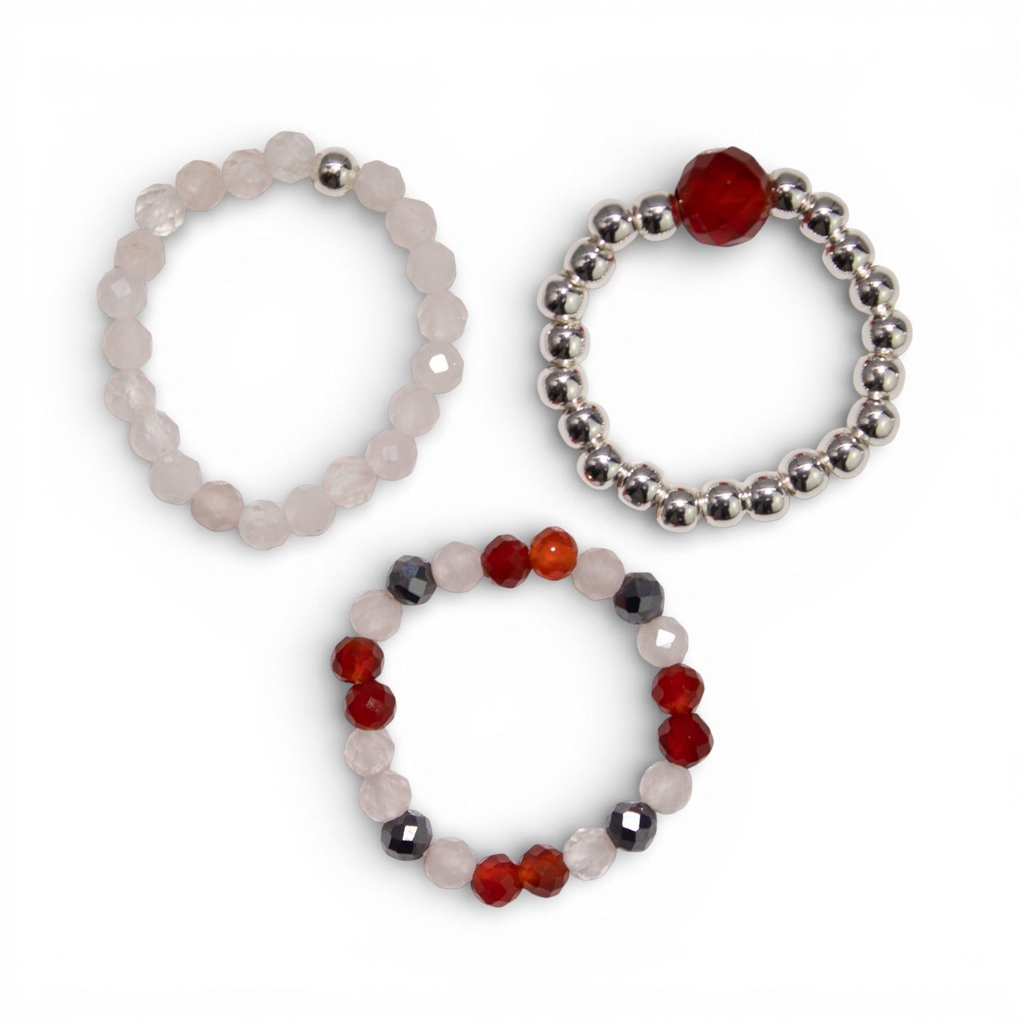 Trio de Bagues Luna de Sangre Agate Rouge, Pierre de Lune & Perles Argentées