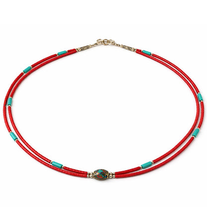 Collier Double Rang Souffle de Katmandou – Turquoise & Corail en Acier Inoxydable