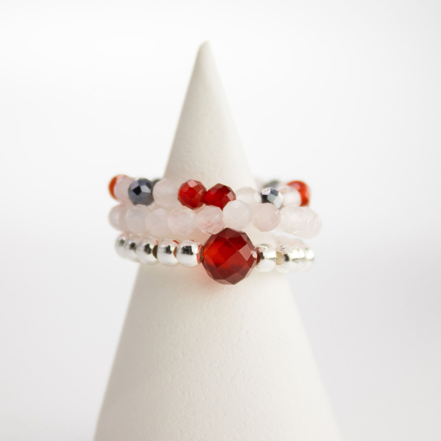 Trio de Bagues Luna de Sangre Agate Rouge, Pierre de Lune & Perles Argentées