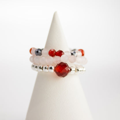 Trio de Bagues Luna de Sangre Agate Rouge, Pierre de Lune & Perles Argentées