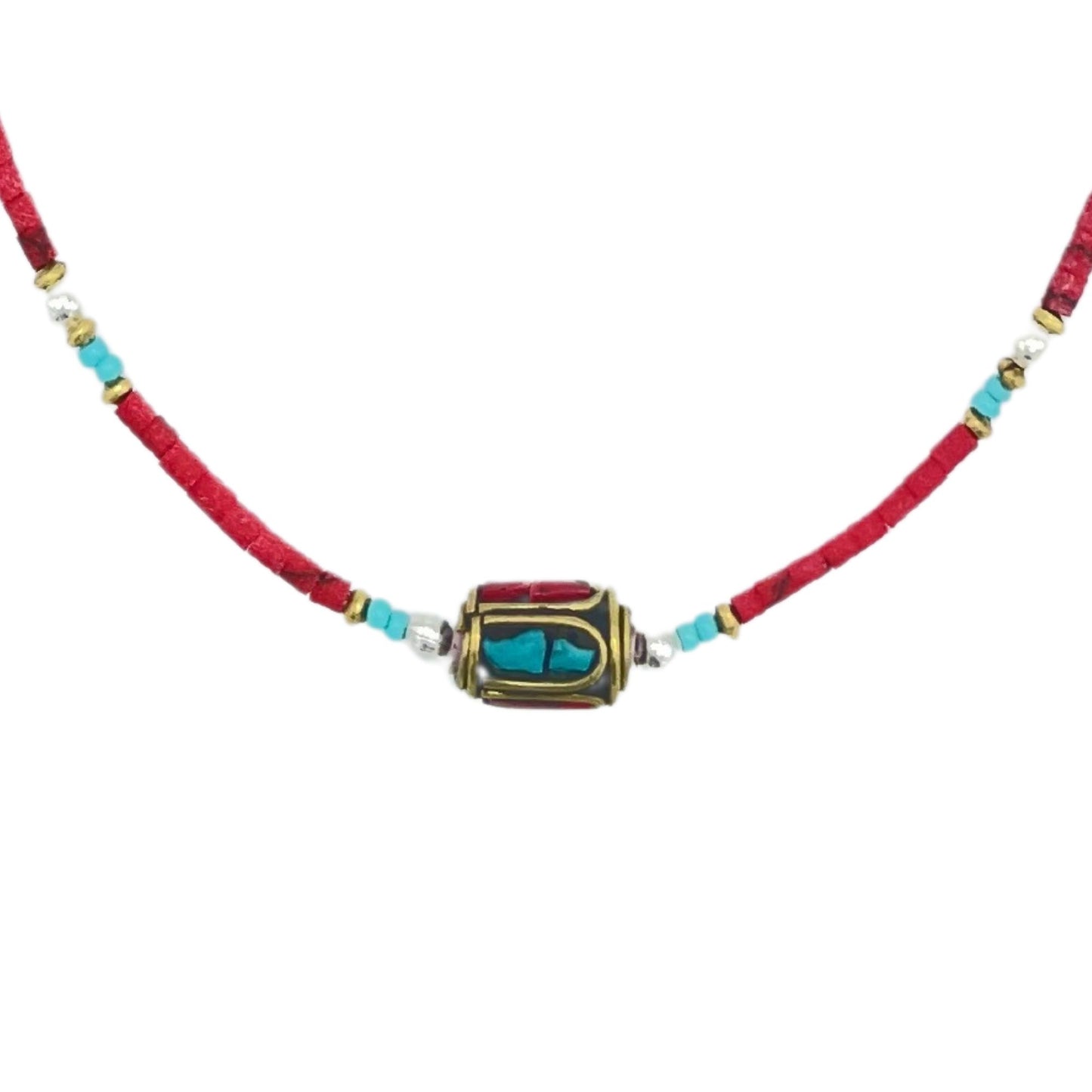 Collier Flamme du Tibet – Corail Rouge & Perle Tribale