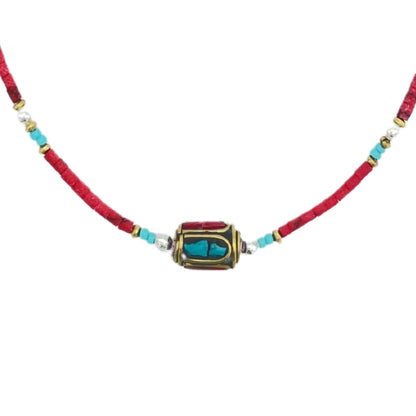 Collier Flamme du Tibet – Corail Rouge & Perle Tribale