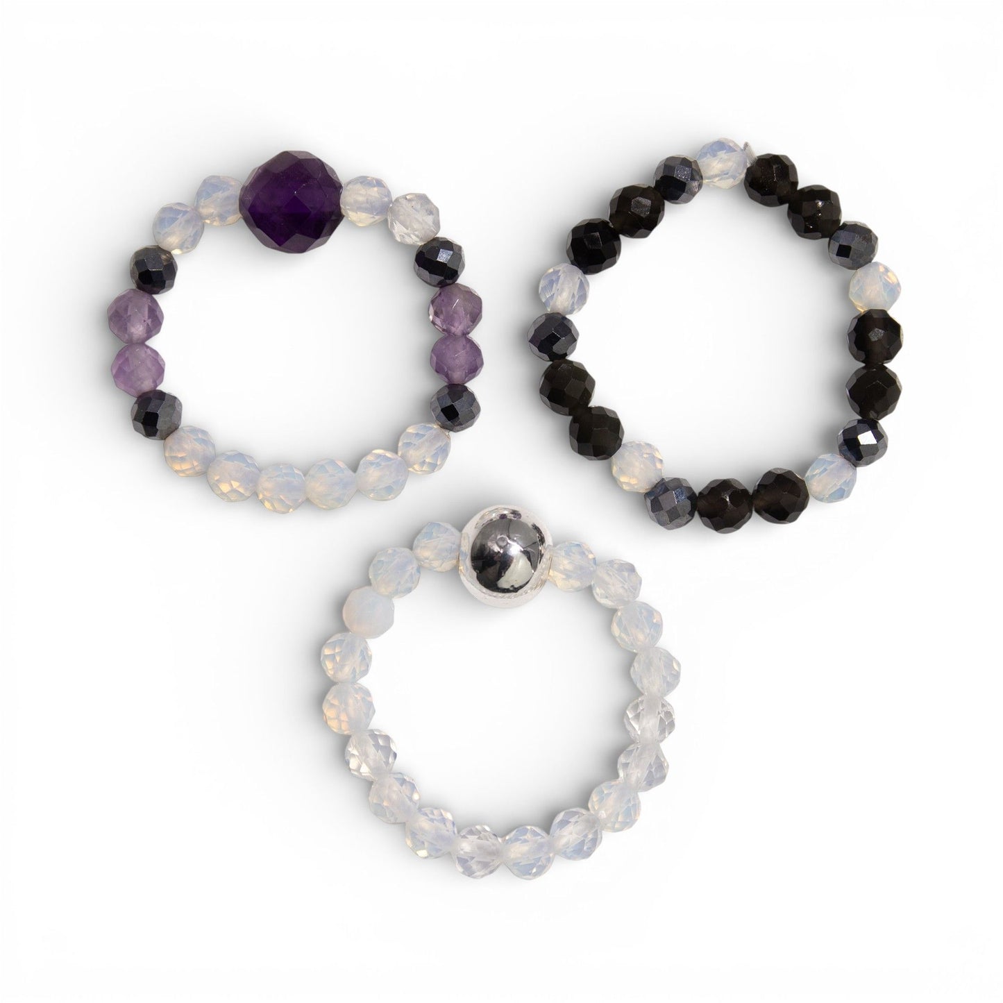 Trio de Bagues Luna Llena Améthyste, Pierre de Lune & Onyx