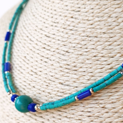 Collier Double Rang Éclat d'Azur – Turquoise, Lapis-Lazuli & Acier