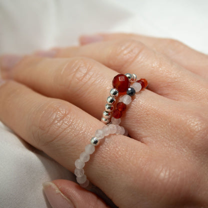 Trio de Bagues Luna de Sangre Agate Rouge, Pierre de Lune & Perles Argentées