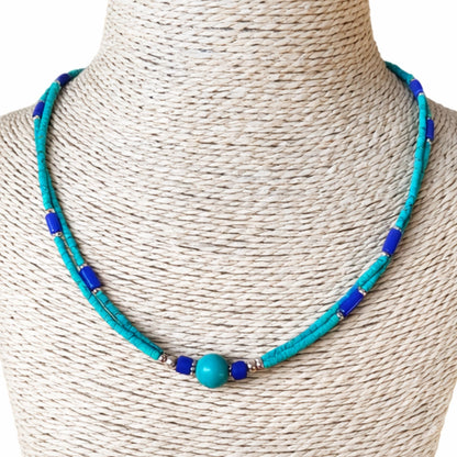 Collier Double Rang Éclat d'Azur – Turquoise, Lapis-Lazuli & Acier