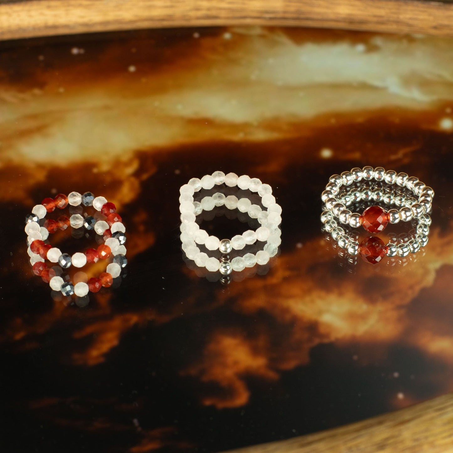 Trio de Bagues Luna de Sangre Agate Rouge, Pierre de Lune & Perles Argentées