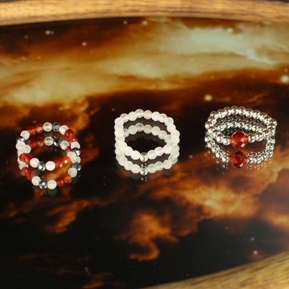 Trio de Bagues Luna de Sangre Agate Rouge, Pierre de Lune & Perles Argentées