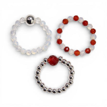 Trio de Bagues Éclipse Pourpre Agate Rouge & Pierre de Lune