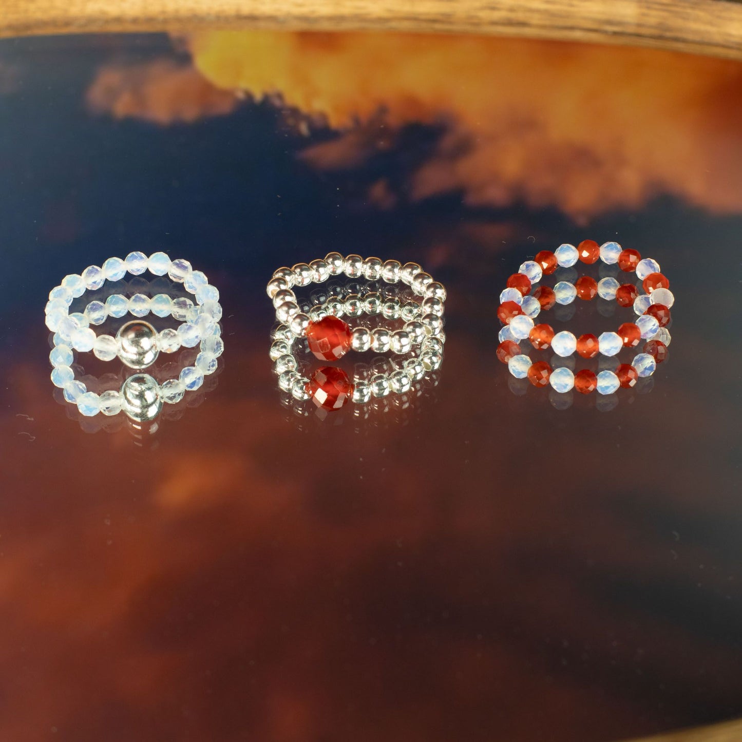 Trio de Bagues Éclipse Pourpre Agate Rouge & Pierre de Lune