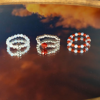 Trio de Bagues Éclipse Pourpre Agate Rouge & Pierre de Lune