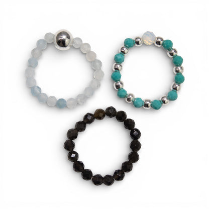 Trio de Bagues Océano sin fin Turquoise, Pierre de Lune & Onyx