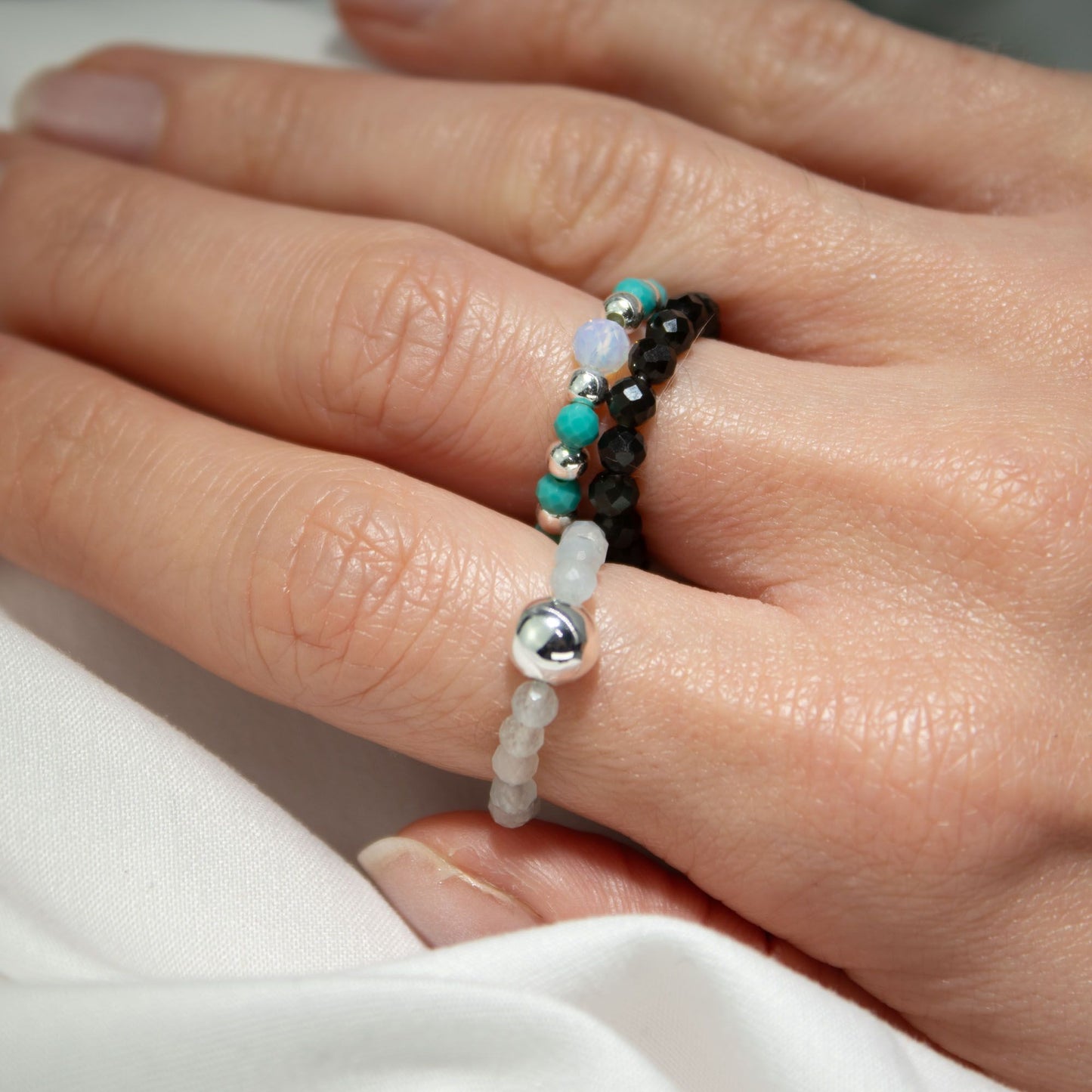 Trio de Bagues Océano sin fin Turquoise, Pierre de Lune & Onyx
