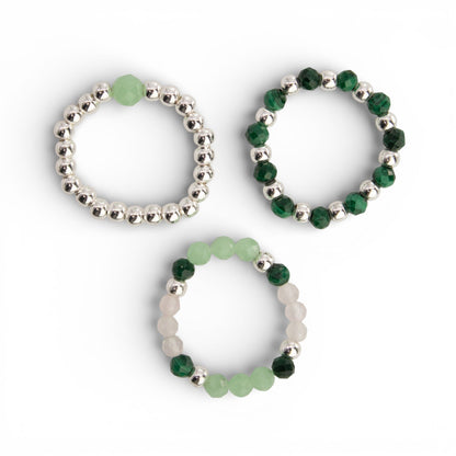 Trio de Bagues Esprit du Bosquet Malachite, Aventurine & Quartz Rose