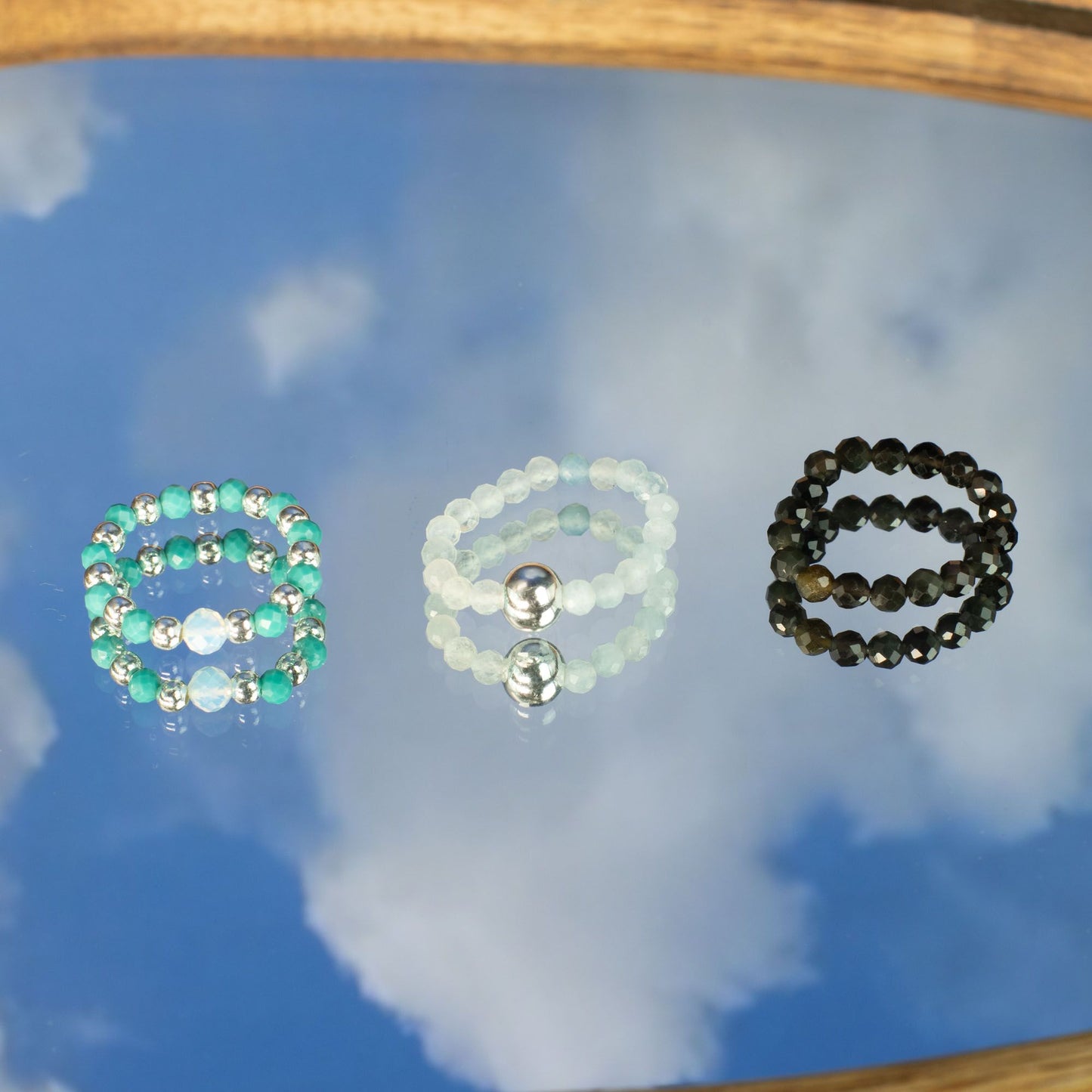 Trio de Bagues Océano sin fin Turquoise, Pierre de Lune & Onyx