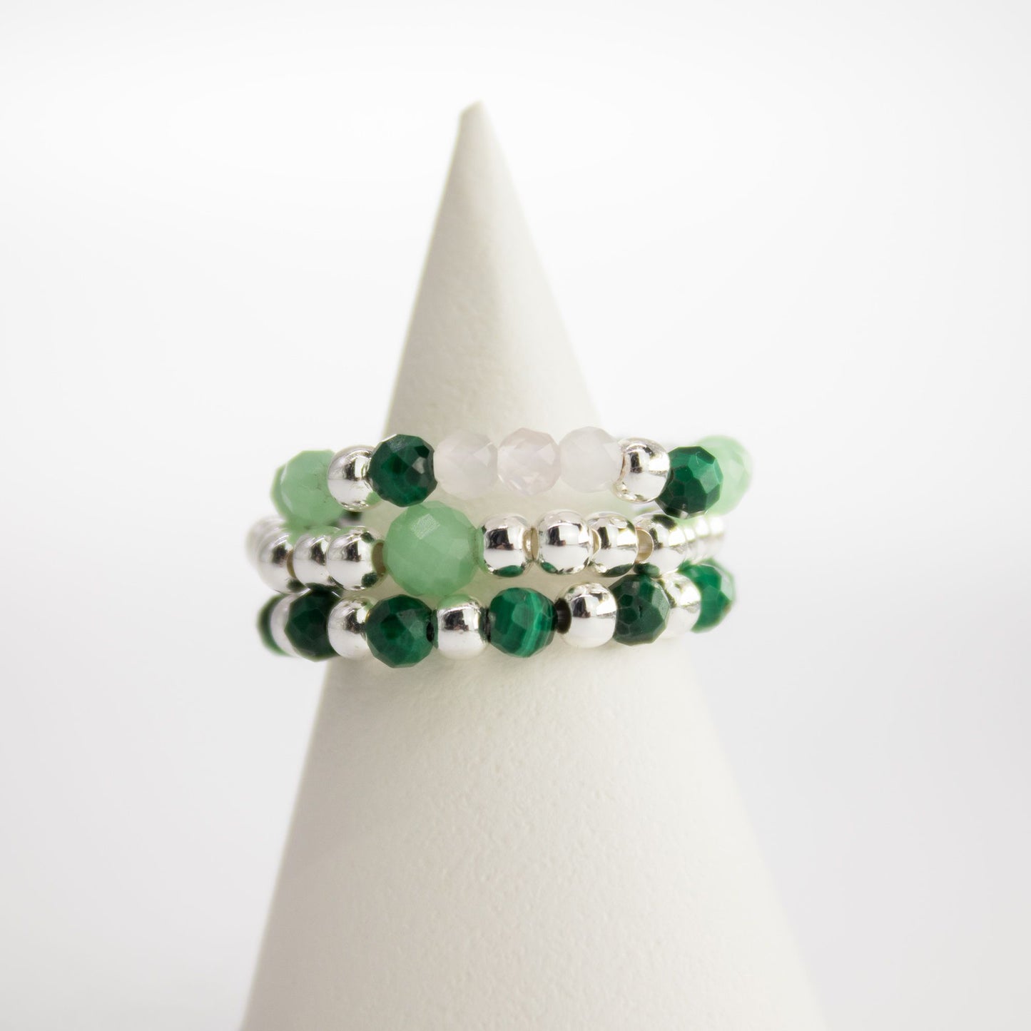 Trio de Bagues Esprit du Bosquet Malachite, Aventurine & Quartz Rose