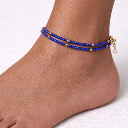 Bracelet de cheville Double Éclat Céleste Lapis-Lazuli & Perles de Laiton
