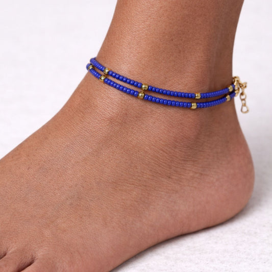 Bracelet de cheville Double Éclat Céleste Lapis-Lazuli & Perles de Laiton
