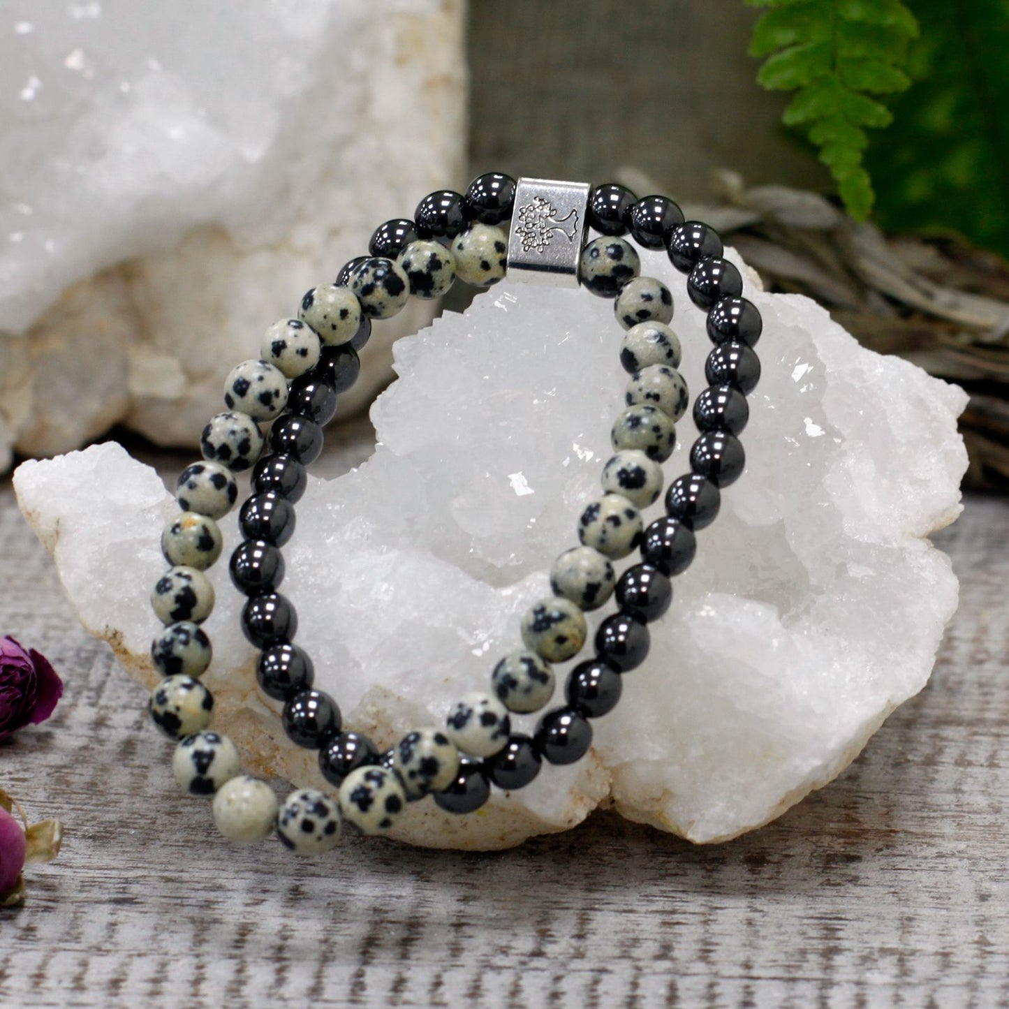 Le Bracelet Duo Équilibre Joyeux Jaspe Dalmate & Hématite Magnétique